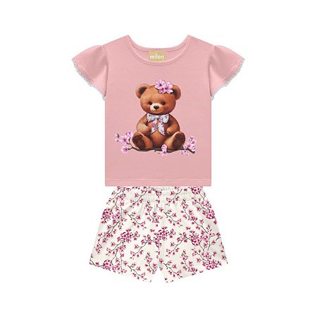 Conjunto Blusa Cotton Urso Rosê e Short Moletom