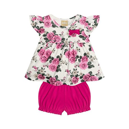 Conjunto Blusa Floral Off White e Short em Cotton