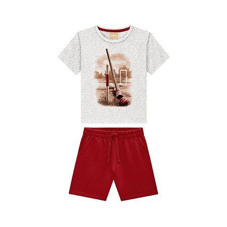 Conjunto Camiseta Meia Malha Cinza Mescla e Bermuda Moletom