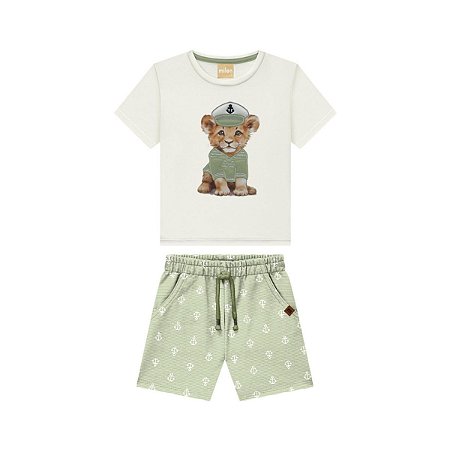 Conjunto Camiseta Meia Malha Off White e Bermuda Moletom