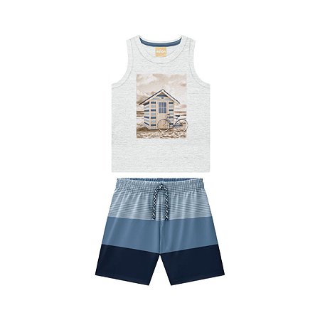 Conjunto Regata Meia Malha Off White e Bermuda Listrada Azul