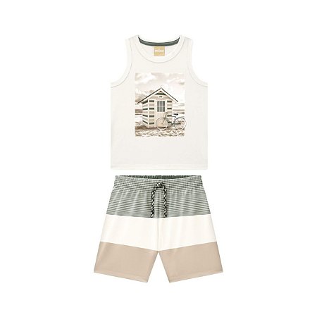 Conjunto Regata Meia Malha Off White e Bermuda Listrada Bege