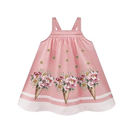 Vestido Cotton Sorvete Flores Rosa