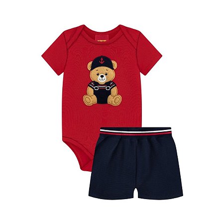 Conjunto Body Manga Curta Vermelho e Short Azul Marinho