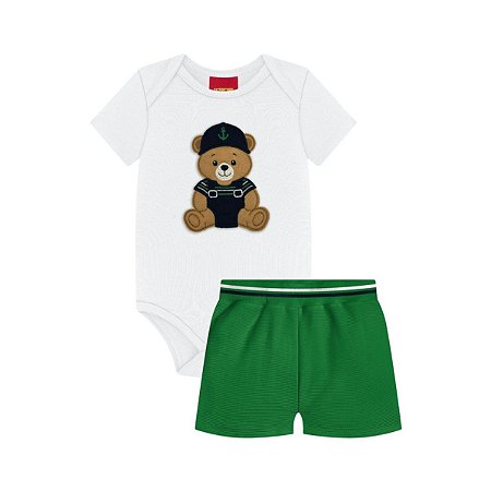 Conjunto Body Manga Curta Branco e Short Verde
