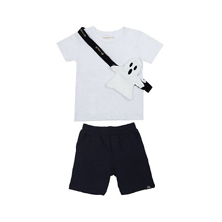 Conjunto Halloween Camiseta Malha e Shorts em Moletinho Branco