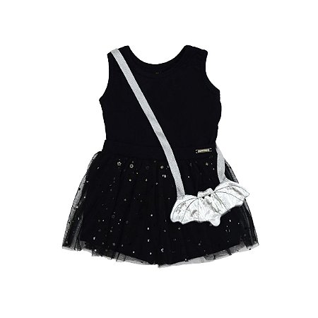 Conjunto Halloween Regata Malha e Shorts com Saia de Tule Brilho Preto