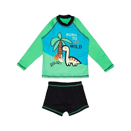 Conjunto Manga Longa Proteção UV Dino Verde
