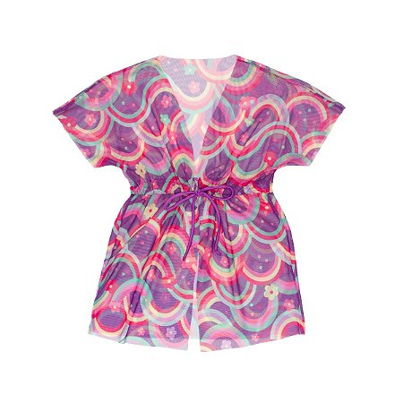 Vestido Saída de Praia Tule Estampado Arco Íris Roxo