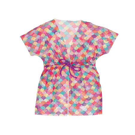 Vestido Saída de Praia Tule Estampado Sereia Rosa