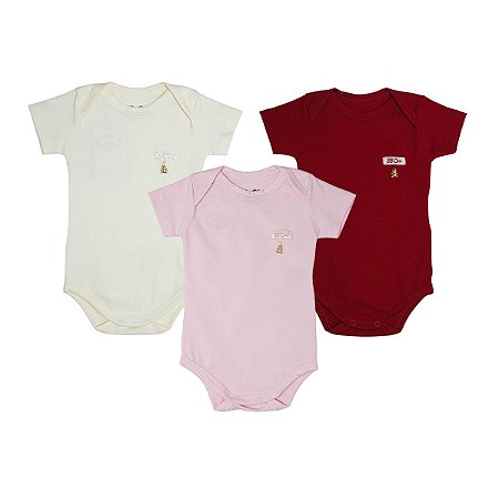 Kit 3 Peças Body Pingente Manga Curta Off White - Rosa - Vermelho