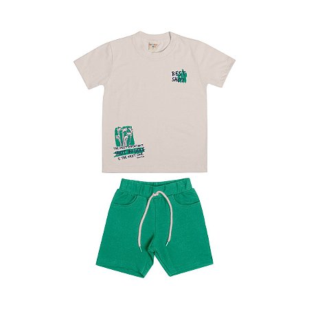 Conjunto Infantil Golf Camiseta Malha e Bermuda Sarja Bege