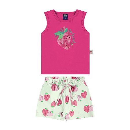 Conjunto Blusa Regata e Short Meia Malha Morango