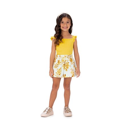 Conjunto Blusa Cropped Ribana e Short Cotton Amarelo