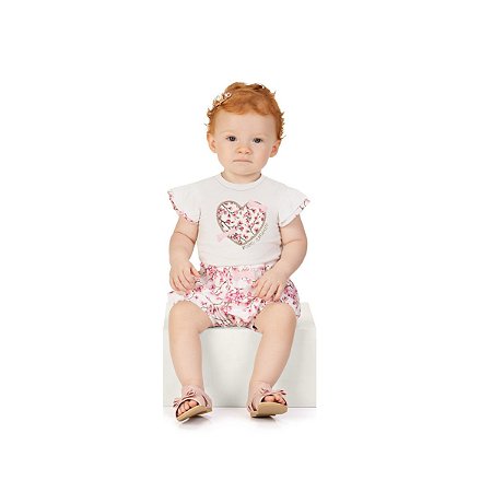 Conjunto Body com Short Cotton Coração Floral Off White