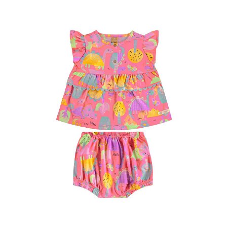 Conjunto Blusa e Tapa Fralda Malha Dino Rosa