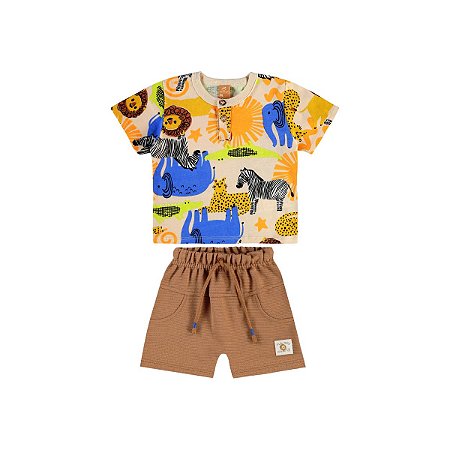 Conjunto Camiseta Malha e Bermuda Moletom Bichos Bege