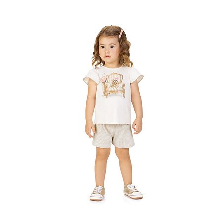 Conjunto Blusa Cotton e Short Malha Estampa Cachorro Off White