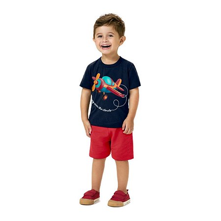 Conjunto Camiseta Malha e Bermuda Moletom Avião Azul Marinho