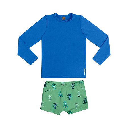 Conjunto Camiseta e Sunga em Malha Proteção UV Azul