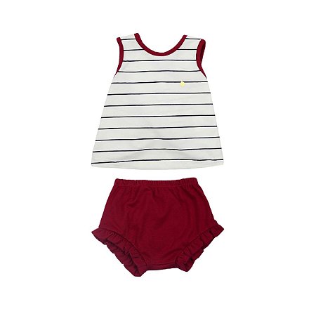 Conjunto Infantil Listrado com Laço e Coração – Branco e Vermelho