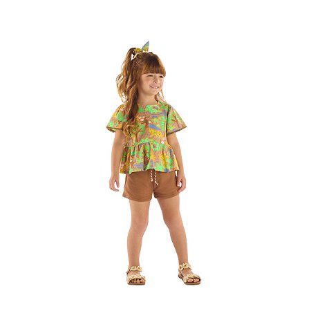 Conjunto Bata em Meia Malha e Short Moletom Selva Marrom