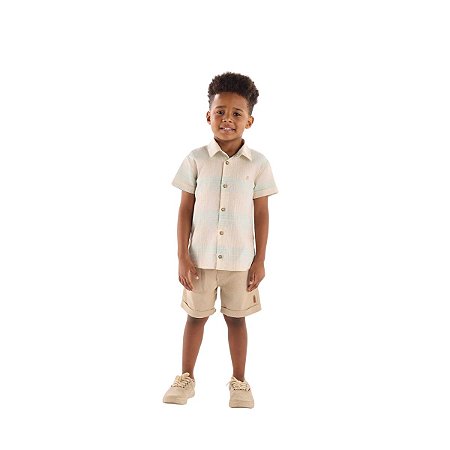 Conjunto Camisa Tecido Voil Xadrez Fio Tinto e Bermuda Linho Bege