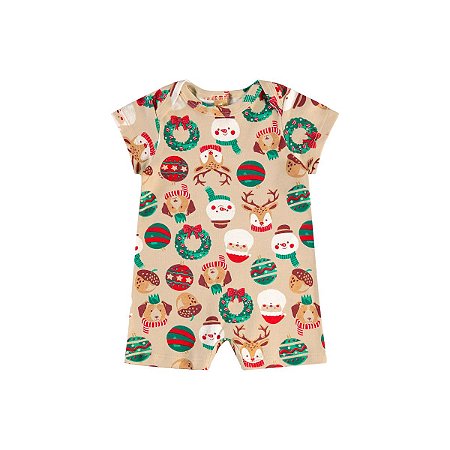 Macaquinho Bebê Manga Curta em Suedine Natal Bege