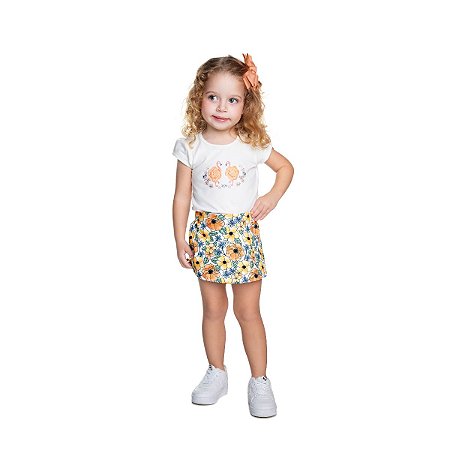 Conjunto Lovebirds Blusa Cotton e Shorts Saia Off White