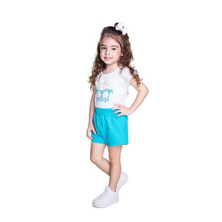 Conjunto Mermaid Blusa Cotton e Shorts Moletim Glitter Branco