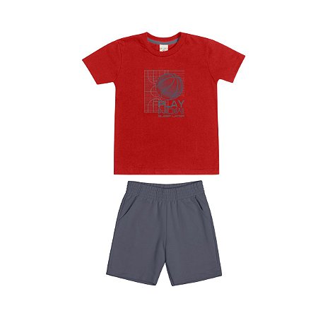 Conjunto Play Now Camiseta Malha e Bermuda Moletom Vermelho