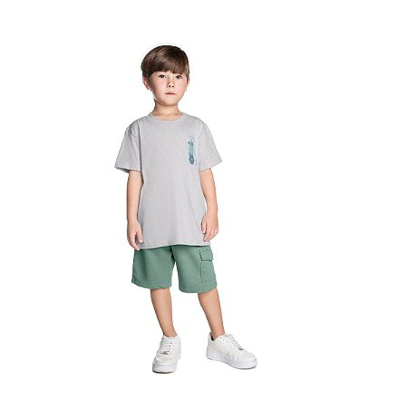 Conjunto SK8 Camiseta Malha e Bermuda Moletom Cinza Mescla