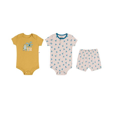 Kit 3 Peças - 2 Body Ribana 100% e 1 Shorts Meia Malha Bege