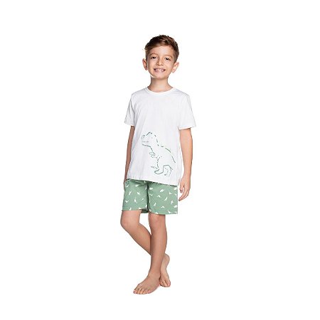 Pijama Dino Camiseta e Bermuda Malha Off White