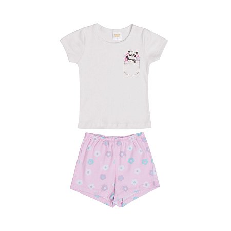 Pijama Panda Floral Blusa Ribana 100% Canelada e Shorts Off White