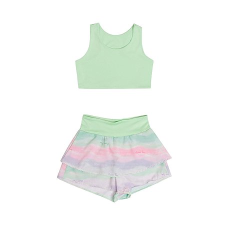 Conjunto Fit Shine Top Malha Proteção UV e Shorts Saia
