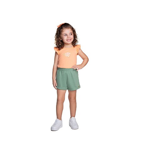 Conjunto Flores Blusa Cotton e Shorts Moletim Laranja