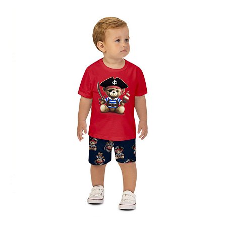 Conjunto Camiseta Malha e Bermuda Moletom Urso Pirata Vermelho
