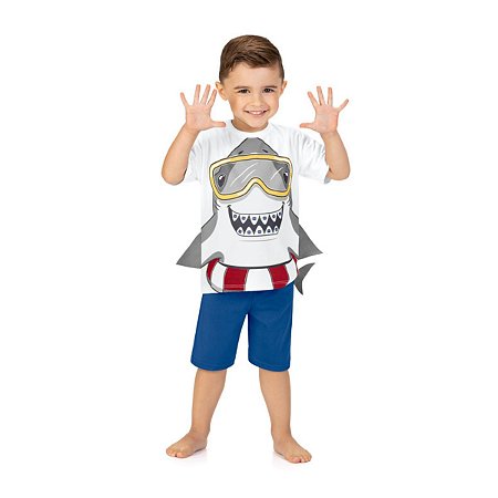 Pijama Camiseta Manga Curta e Shorts Tubarão Branco