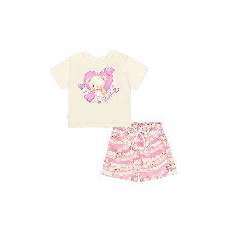 Conjunto Blusa e Shorts Infantil Ursinho Off White