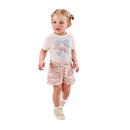 Conjunto Blusa e Shorts Infantil Ursinho Off White