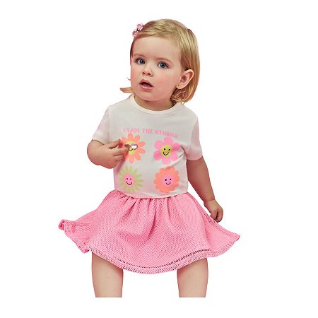 Conjunto Infantil Blusa e Saia com Short Flores Off White