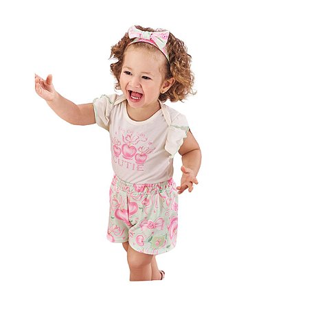 Conjunto Body com Shorts e Laço Bebê Off White