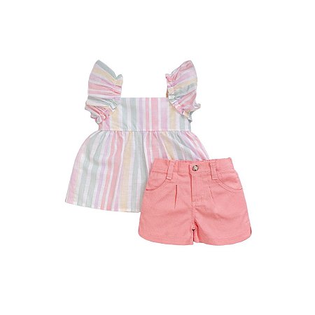 Conjunto Bata Listrada com Short Viscolinho Rosa