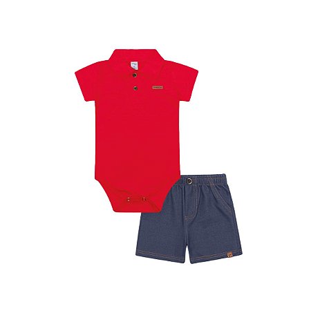 Conjunto Bebê Body Polo e Bermuda Vermelho