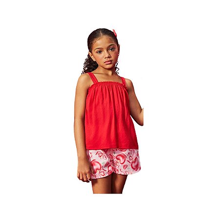 Conjunto Blusa Alça e Shorts Floral Infantil Vermelho