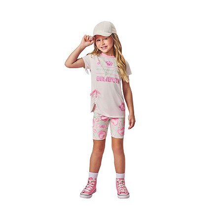 Conjunto Blusa e Bermuda Ciclista Infantil Ursinho Off White