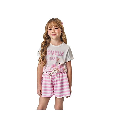 Conjunto Blusa e Shorts Listrado Infantil Usinho Off White