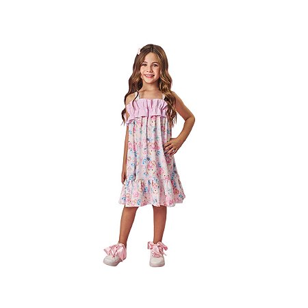 Vestido Infantil Alça Casual Floral Rosa