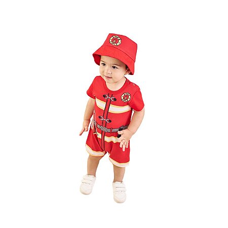 Conjunto Infantil Macacão e Chapéu Bombeiro Vermelho